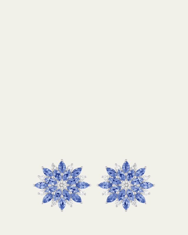 18K White Gold Dahlia Stud Earrings with Diamonds and Blue Sapphires